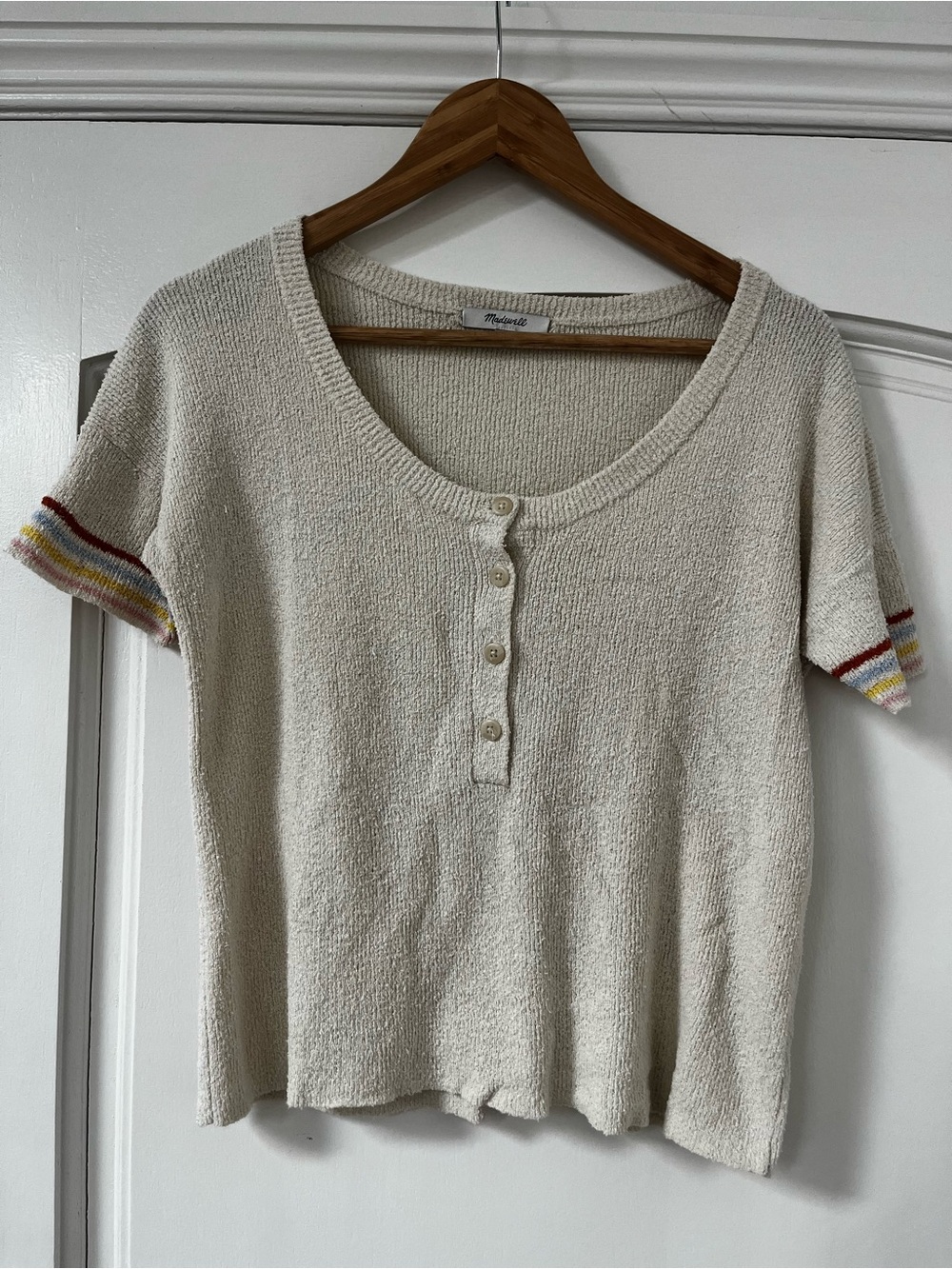 Madewell Cream Short-Sleeve Henley with Multicolor Stripe Cuffs